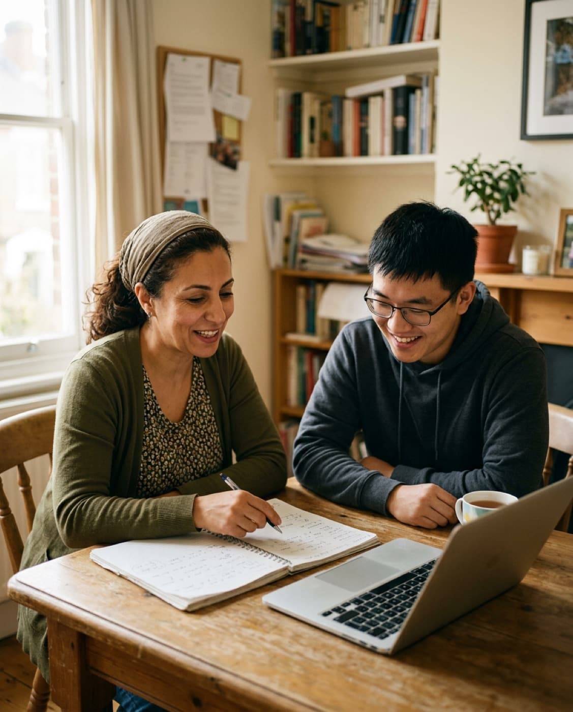 A teacher reviewing English practice with a learner